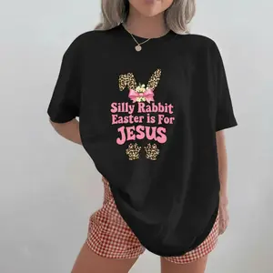 Silly Rabbit Easter Is For Jesus Leopard Print Bunny Ears And Paws Tshirt White Crewneck Casual Spring Easter Outfit Classic Unisex Tee - Streetwear
