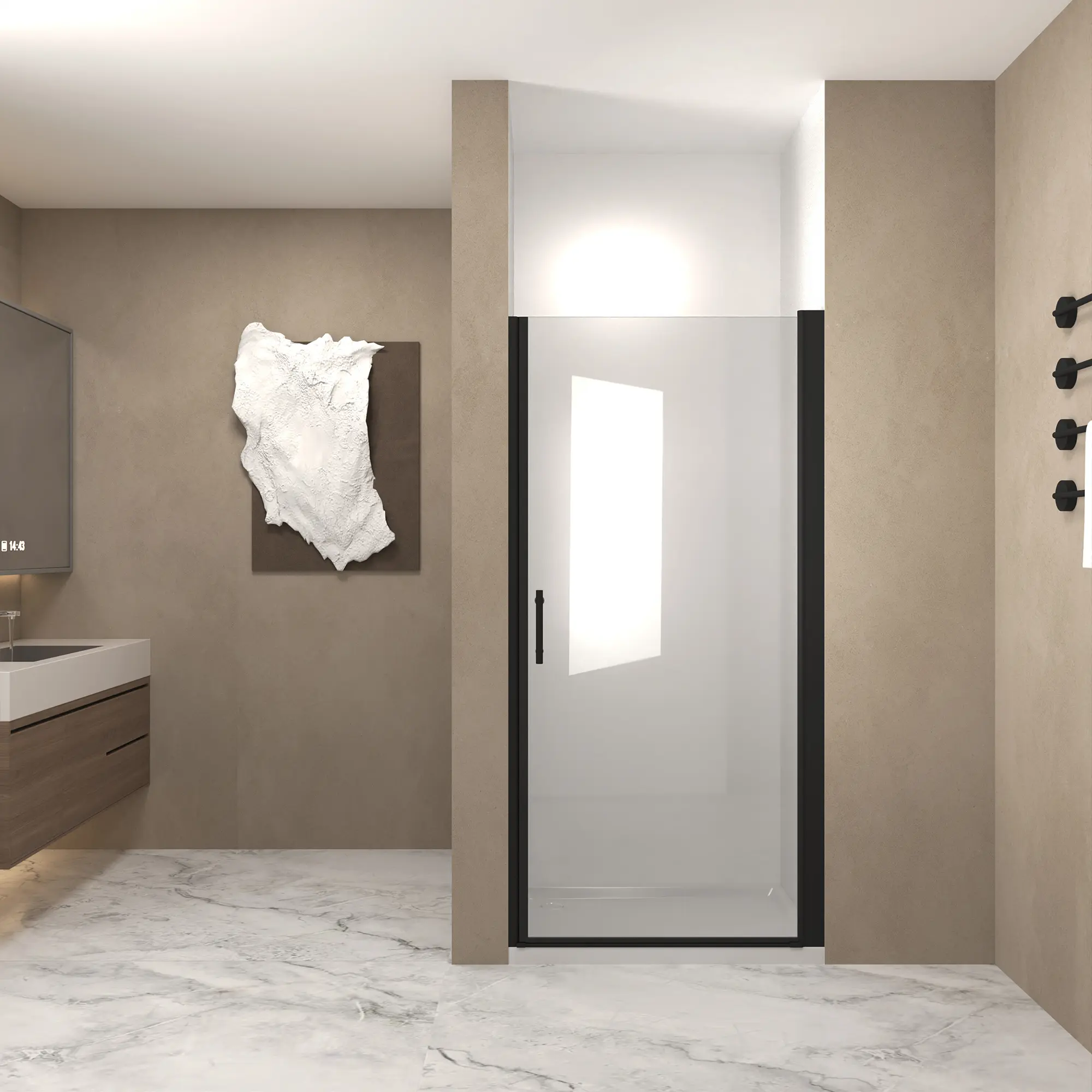 Pivot Shower Door – 34x72 Inches, Matte Black Aluminum Half-Frame, 6mm Tempered Glass, Safety Film, Stainless Steel Handle