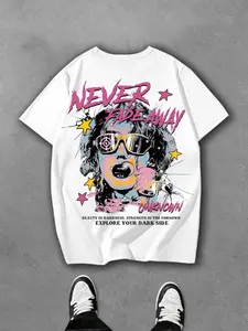 Urban Streetwear Graphic Tee NEVER FADE AWAY Slogan Oversized Cotton T-Shirt with Retro Star Details - Trendy Cyber Aesthetic Summer Top for Skateboard Style & Festival Outfits