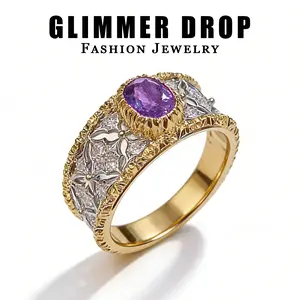 Exotic Boho Luxury Vintage Statement Ring - Gold Copper Purple Cubic Zirconia Elegant High-End Women's Everyday Jewelry Gold Plated Ring