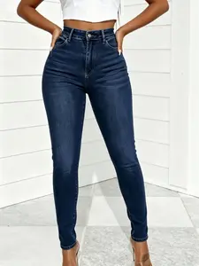 Elegant High Waist Long Skinny Denim Jeans for Women, Womenswear, Versatile Four Seasons Wear, Slimming Fit, Stylish Chic Casual Pants, Trouser, Basic, Denim Skinnies, Wash Jeans WH54 BBL