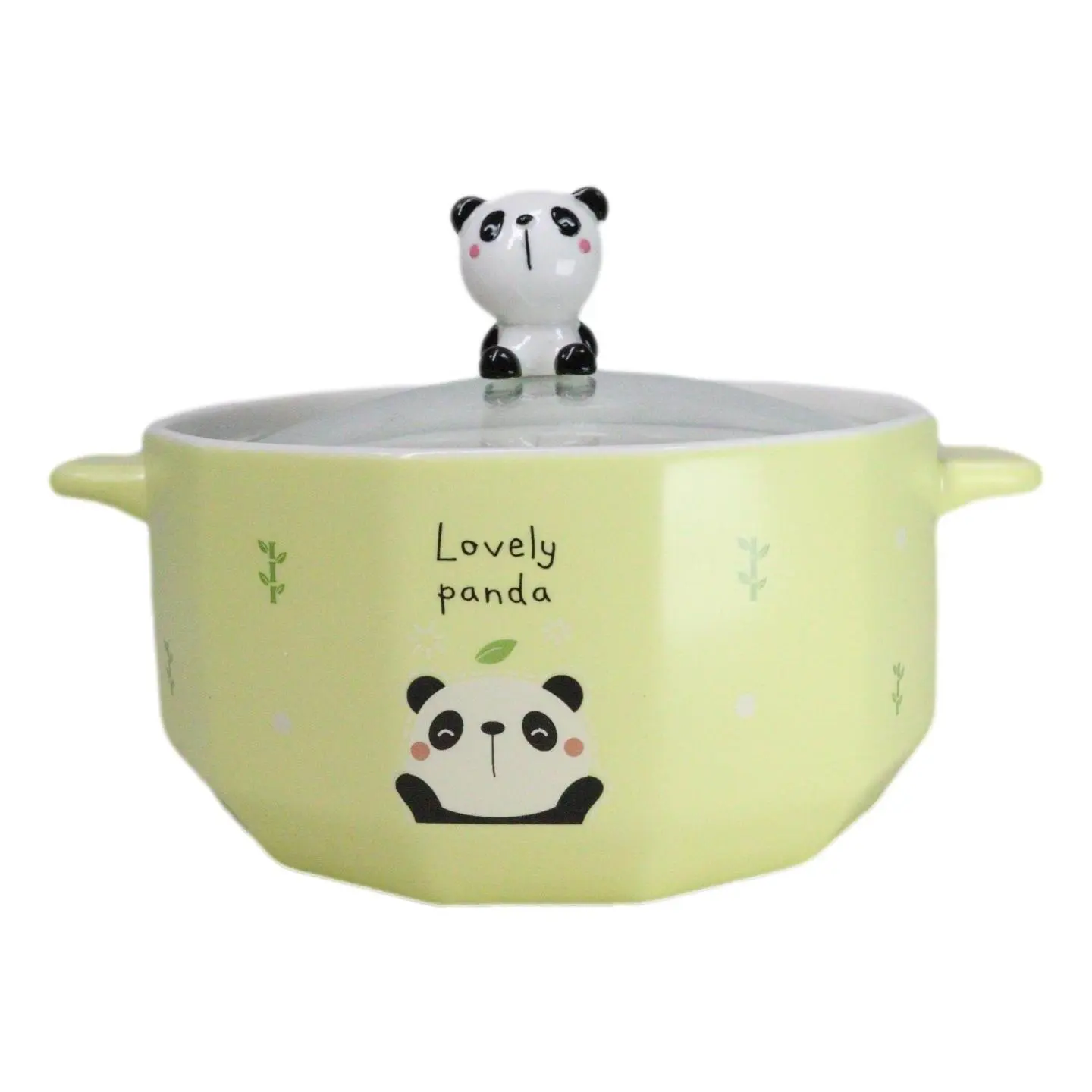 30oz Pottery Tableware Bowl - Kitchenware Ceramics, Yellow Lovely Panda Ceramic Pasta Bowl for Noodles & Desserts, Set with Glass Lid