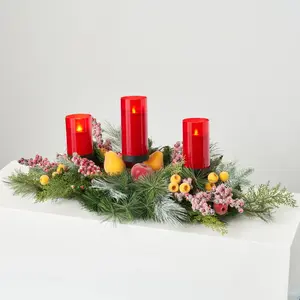 Frosted Fruit - Sugared Apple, Pears, Crated Berries with Flocked Pine & Pinecones 3 Tier Pillar Candle Holder Christmas Holiday Table Swag Arrangement - 2 Options Available