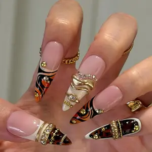 Luxury Tortoiseshell French Tip Press On Nails, Gold Chrome 3D Statement Nails, Y2K Designer Glam Set