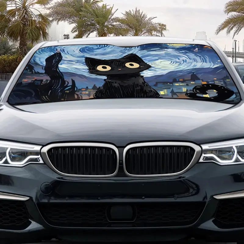 Starry Night Cat Car Sunshades Windshield Shade Cover, Windscreen Shade Cover, Van Gogh Inspired Summer Car Shades for Front Windows Foldable, Portable for RV SUV, UV Protection, Easy Installation, Car Interior Accessories, Car Decor