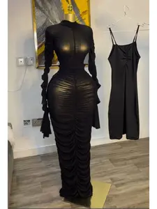 PULKRITU Women's Long Mesh Overlay Bodycon Dress & Sexy Sheer Backless Sleeveless Party Gown, Elegant Evening Wear, Perfect for Birthdays & Events, Flare Long Sleeve Bodycon Maxi Dresses & Midi Tank Dress Set for Ladies