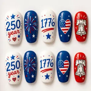 Independence Day Press on Nails, America 250th Anniversary Nails, Patriotic Red White Blue Glue on Nails, USA Flag 1776 Fireworks Nails