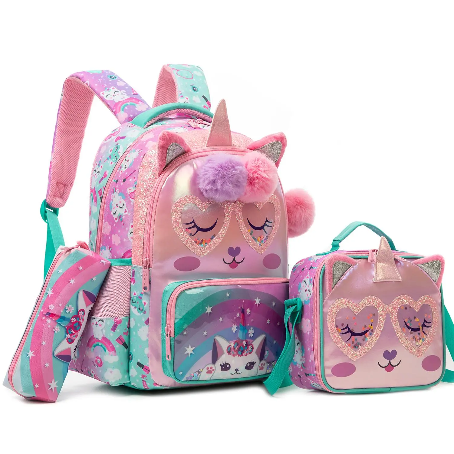 Girls' 3-Piece Unicorn Graphic Backpack Set - Purple & Pink Rainbow Ergonomic Crossbody/Shoulder School Bookbag with Lunch Box, Pencil Case, Born to Shine Slogan - Back to School Haul Gift for Teens, Cute, Nylon, Waterproof, Pink Unicorn Backpacks, Crossb