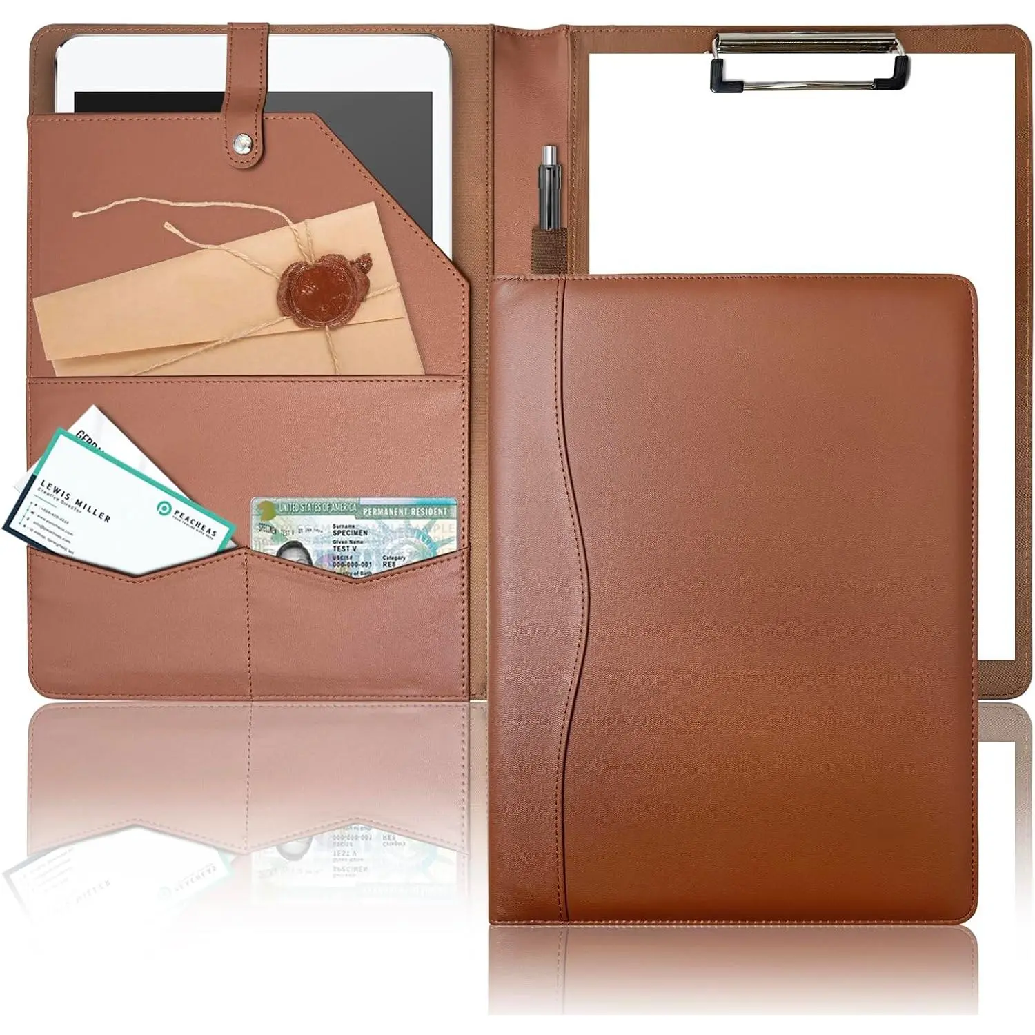 Padfolio Portfolio Binder, Leather Clipboard Folder Briefcase Loose-Leaf Binder with Cover Brown Folder with Pockets Resume Folder for Business Office Meeting Men Women's Business (A4, Brown)
