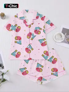 Women's Six Seven Sleepwear Set, Short Sleeve Button-Down Top & Elastic Shorts, Casual All Season Print Pajamas, Comfortable Home Wear, Loungewear