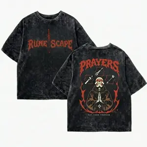 Acid Wash OSRS Say Your Prayers Gamer T Shirt Old School RuneScape Inspired Tee MMORPG Gaming Shirt Dark Fantasy Graphic Tee Funny RPG Shirt Unisex Cotton Tee Gamer Gift for Him Her Retro Gaming Streetwear Casual Outfit Trendy Nerd Apparel