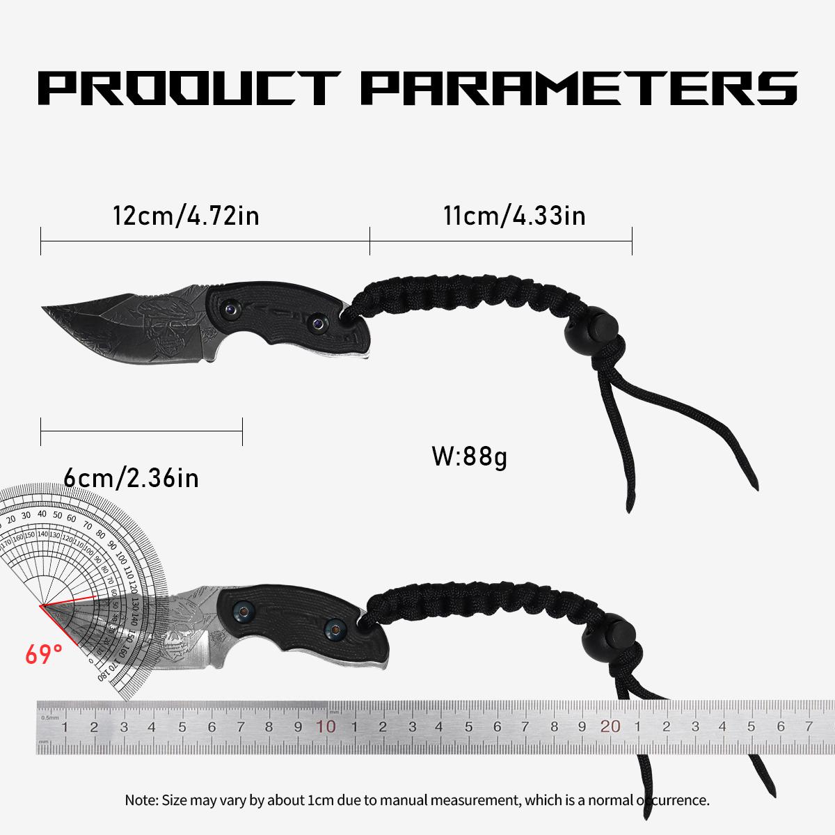 Compact Outdoor Survival Fixed Blade Knife，Skull Engraved EDC Neck Knife, Ultimate Outdoor Survival Tool for Camping Hiking