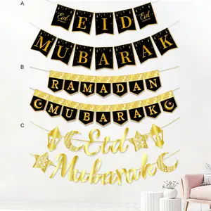 1set Black Gold Ramadan Eid Mubarak Banner Party Decorations Banners for Festival Party Garland Ramadan Kareem Eid Al-fitr Supplies