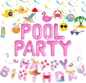 LaVenty Summer Pool Beach Party Decoration, Pink Pool Party Balloon, Summer Birthday Bash Party Decorations Tropical Balloons Banner for girls Swimming Water Luau Tropical Hawaii Party Decoration Supplies