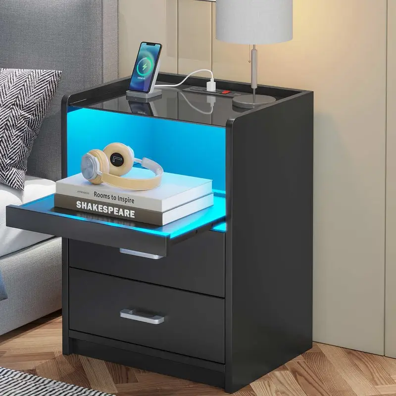 Sikaic LED Nightstand With Charging Station Drawers Modern End Table Bedside Cabinet