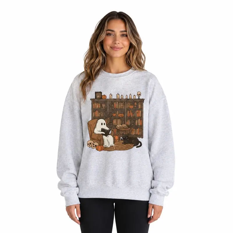 Ghost Reading Bookcase With Cat Sweatshirt - Ash Grey Cotton Fabric Jersey Aesthetic