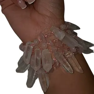 Rose Quartz Crystal Bracelet with Jumbo Clear Quartz Points for amplifying self love, clarity and intention