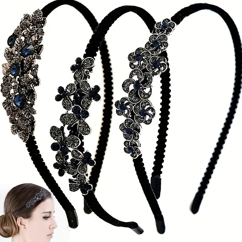 Vintage Luxury Rhinestone Hairband for Women, High-End Velvet Pressed Headband, Sparkling Flower Design, Non-Slip, Three Styles