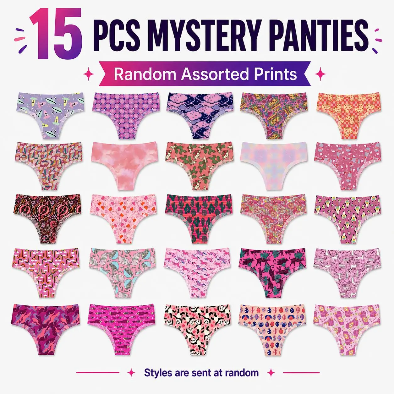 15-Pcs Women’s Cheeky Panties Mystery Box – Random Print High-Rise or Low-Rise Stretch Underwear, Plus Size, Underwear Pack, Plus Sizes Xs-4Xl, Random Styles, Assorted Colors And Prints, Lingerie, High-Stretch, Mystery Underwear Pack