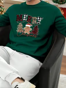 Men's Christmas Round Neck Pullover, Tree & Gingerbread Man Print, Urban Fashion, Daily Wear, Spring & Fall, Long Sleeve, Fitted