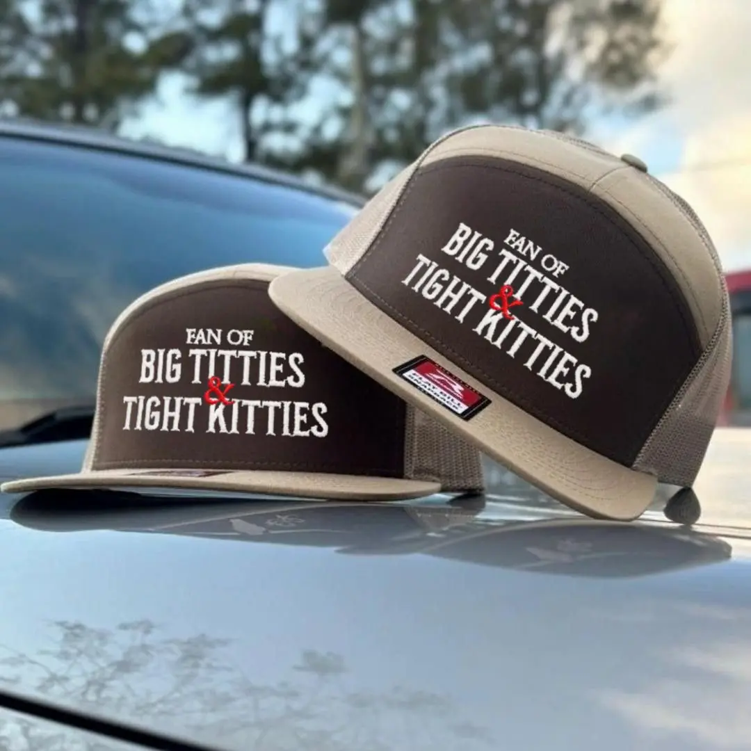 Big Titties and Tight Kitties embroidered Black/White/Khahi/ Brown 7 Panel Trucker hat collection - Unisex Fitted Baseball Cap, Casual Style for Any Occasion