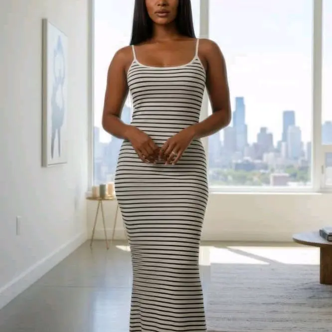 Women's Rib Knit Striped Bodycon Maxi Slip Dress Casual Elegant Feminine Lightweight Spaghetti Straps