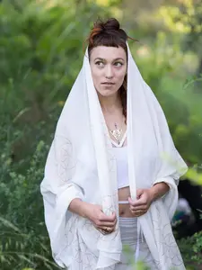 Ivory Seed of Life Scarf / Sacred Geometry Bridal Shawl or Meditation Shawl / Gold & White Flower of Life Bridesmaid Wedding Scarf