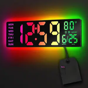16.5" Large Digital Wall Clock with BT Sync, RGB Lights with 11 Scenes Mode Remote Control, Dual Alarms with Big LED Display, Auto DST, Temperature for Classroom Gaming