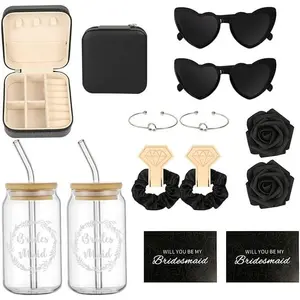 Bridesmaid Proposal Gifts Set 2 - "Will You Be My Bridesmaid Kit with Elegant Box  Box Glass Cup Invited Cards Knotted Bracelets Sunglasses Scrunchies Raffia Grass (Black, 18 count)