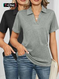 women's solid color polo shirt, casual fitted short sleeve collared top for daily wear, ladies clothes for all seasons, cute tops, go out tops, womenswear, shortsleeve, shirts women, polo shirt set