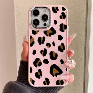 Pink metal frame leopard print pattern anti drop phone case soft shell with buttons suitable for Apple XS/XR/11/12/13/14/15/16/17PRO/PROMAX/PLUS/AIR, a great choice for gifting girlfriends, boyfriends, and family!