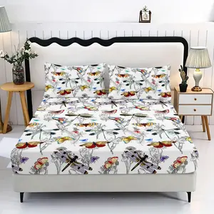 3pcs 100% polyester butterfly cartoon animal flower printed bed sheet set, including one bed sheet and two pairs of pillowcases (excluding core) for year-round use, suitable for home, bedroom, dormitory, etc