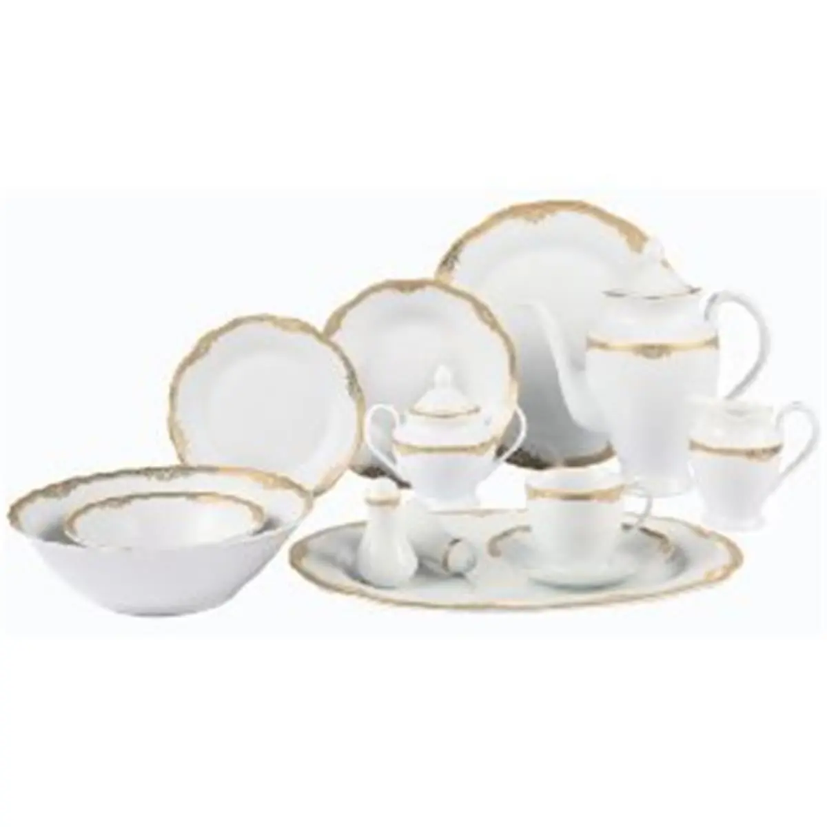 212 MAIN Lorenzo Import Catherine-57 Fine Porcelain Tableware Set - 57-Piece Tableware Kit, Everyday Gold Line Dinner Sets for 8 People, Wavy Edge Trim, Gold Border Oval Bowl, Dishwasher-Safe