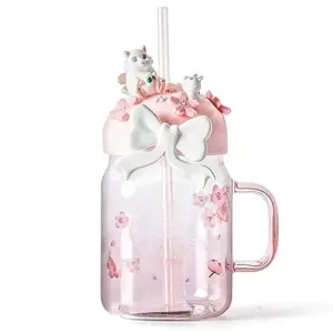 Starbucks Overseas Charming 20oz Pink Sakura Cat - bow Glass Tumbler With Straw & Grip