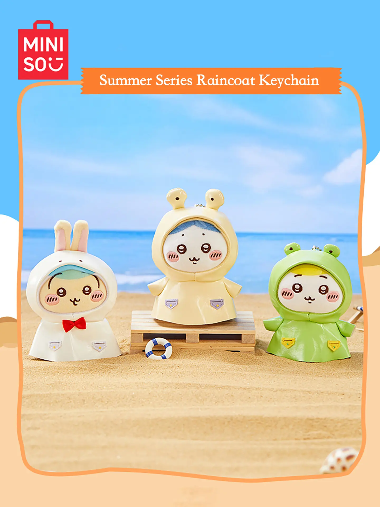 MINISO x Chiikawa Summer Edition Keychiikawa Raincoat Fabric Plush Charm - Adorable Usagi Character Clip Keychain, Soft Stuffed Animal Bag Pendant, Everyday Backpack Accessory, Sweet Gift for Anime Fans