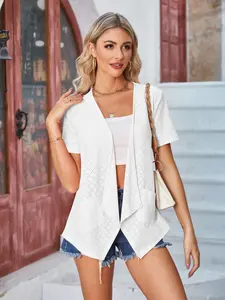 Women's Plain Hollow Out Short Sleeve Loose Casual Pocket Cardigan, Comfortable Summer Outerwear, Perfect Daily Wear Choice