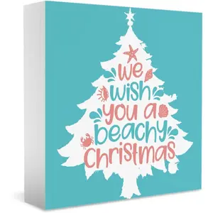 Beach Coastal Christmas Decorations for Home Beach House Coastal Beachy Christmas Decor for Office Indoor Home Room Table Bedroom Kitchen Bathroom Wooden Sign 5x5inch