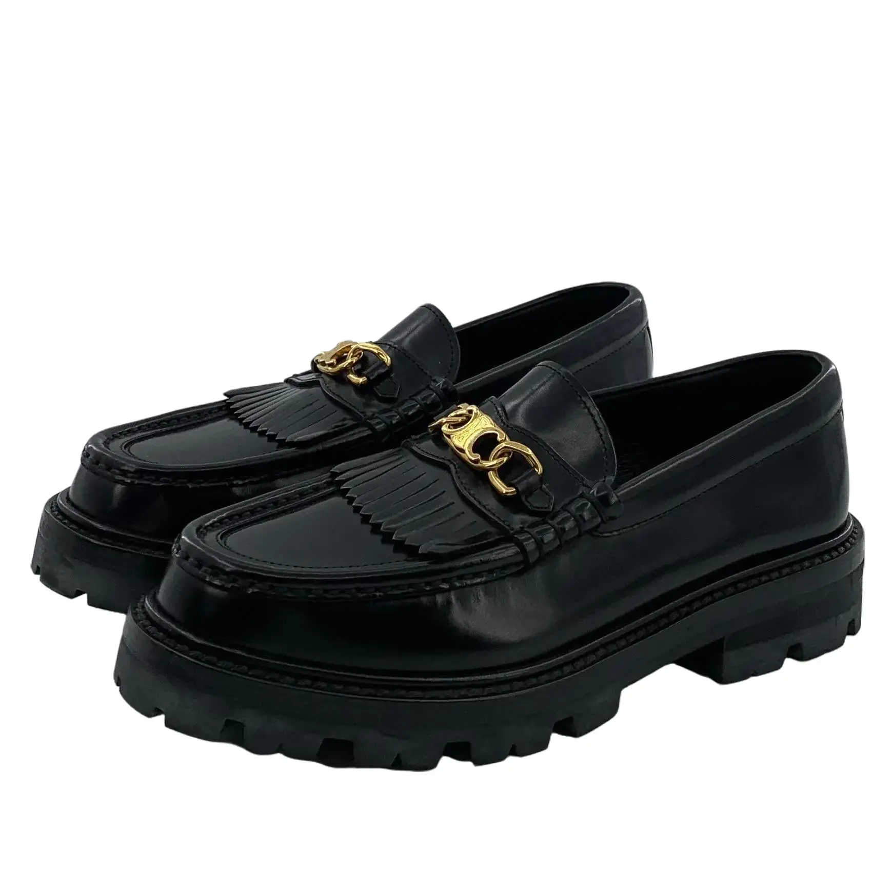 RDLT-Celine Size 37 Black Triomphe Tassel Flat Loafers-H35759