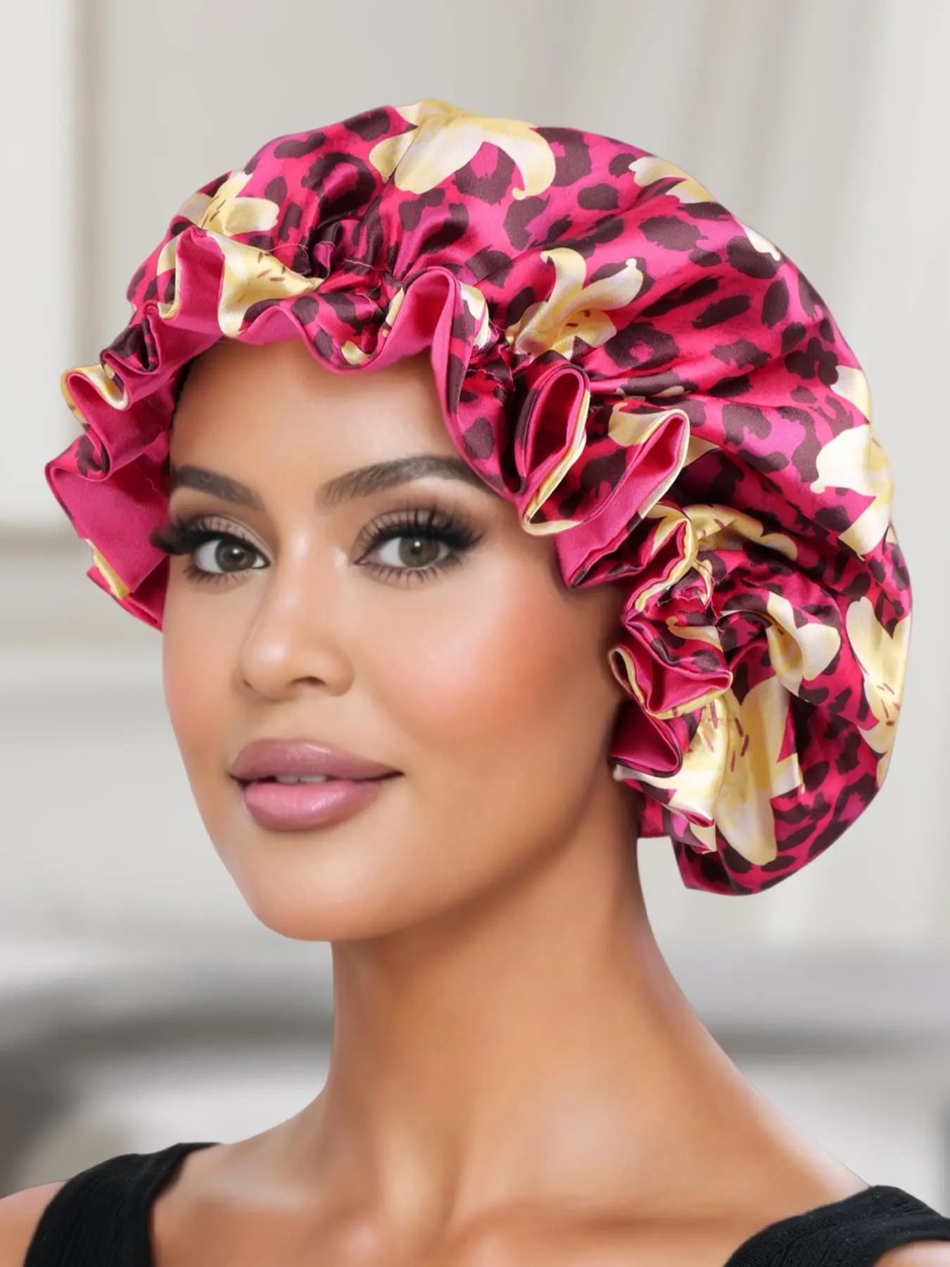 Women's Floral Leopard Print Hair Cap for Sleep, Bonnets for sleeping, Soft Material, Perfect Gift for Holidays, Ladies' Nightcap with Lace Trim