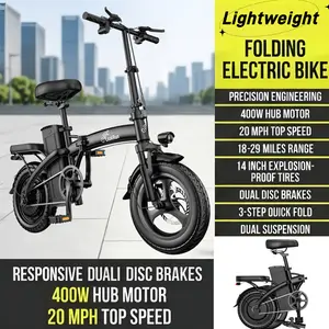 Folding electric bicycle, 400W motor，14-inch vacuum explosion-proof tires, speed 20MPH, dual disc brakes, three-step folding, front and rear suspension, front and rear lights, portable design, reduces travel burden, can be placed in the car trunk.