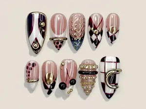 [FLASH SALE 50%] Gold Ring Luxury Press On Nails  Pearl Nude & Gold Hardware Nails  Luxury Gilded Almond Nail Art  High Fashion Jewelry Nail Set