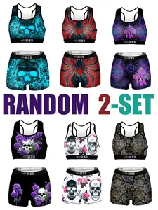 RANDOM  2-SET  Women's Sports Bra Set, High Waist Wireless Underwear, Halloween Skull Pattern, Breathable Quick-Dry, Gym Yoga Running Swim, Sportswear Set, Sports Clothes