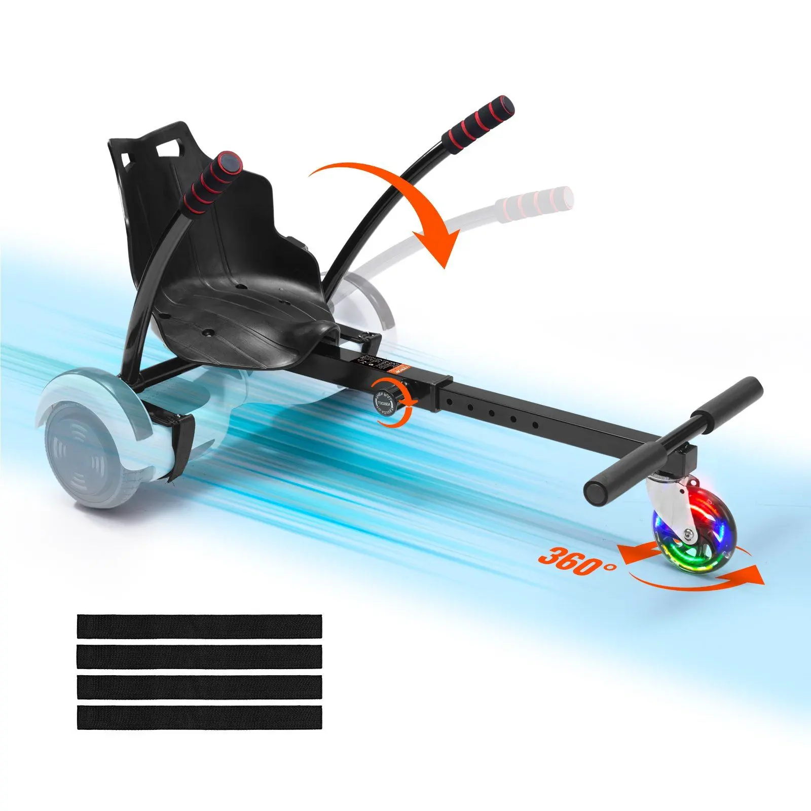 VEVOR Hoverboard Seat Attachment, for 6.5" 8" 8.5" 10" Hoverboards, with LED Lights, Grips Control, Adjustable Frame Length and 220 LBS Load Capacity, Hover Board Go Karts Accessory, for Kids Adults, 360° Large Diameter Foot Wheels