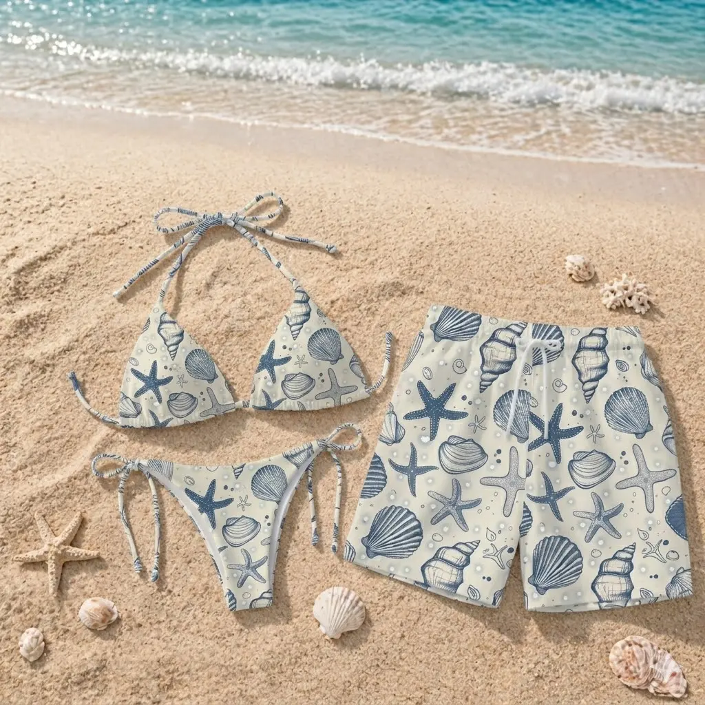 Matching Couples Seashell and Starfish Print Swimwear Set, Women’s Tie-Side Triangle Bikini and Men’s Drawstring Swim Trunks, Coastal Beach Vacation Outfit