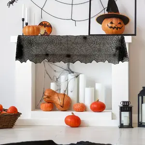 Halloween Lace Table Runner - 1pc Spider Web Table Decoration for Halloween Party, Polyester Fireplace Scarf, Black Webbing Dining, Festive Event Restaurant And Kitchen Decor