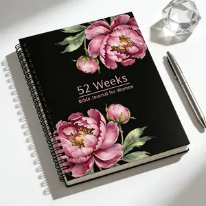 52 Weeks Bible Journal for Women:Spiral-Bound Yearlong Devotional Workbook with Guided Scripture Reflections,Prayer Prompts & Faith-Building Exercises,Stunning Watercolor Pink Peony Black Cover,Perfect for Christian Women to Deepen Their Spiritual Journey