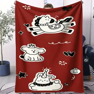 Cute Printed Facecloth Blanket, Black and White Hand-Painted Style Cartoon Pattern, Soft And Cozy, Suitable For All Seasons