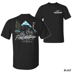 Fieldstone Turkey Hunting Graphic T-Shirt, Features Large Wild Turkey Illustration With Mountain Background And Fieldstone Script On Back With Small Fieldstone Logo On Chest, Hunting Brand Outdoor Theme Unisex Casual Tee, Apparel Gift For Turkey Hunters