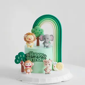 Birthday Cake Decorations, Forest Cute Series, Rainbow Animal Smiley Lion Elephant Monkey Snail Road Sign Insert, Home Ornament