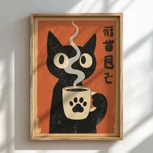[UNFRAMED POSTER] Black Cat Drinking Coffee Poster: Japanese Coffee Art Print